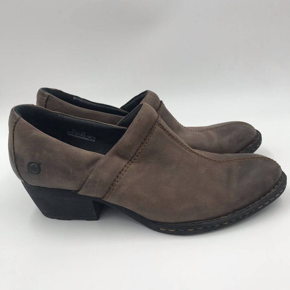 Born Shoes Womens 6.5 Brown Kinneys Leather‎ Chunky Heel Shooties Clogs